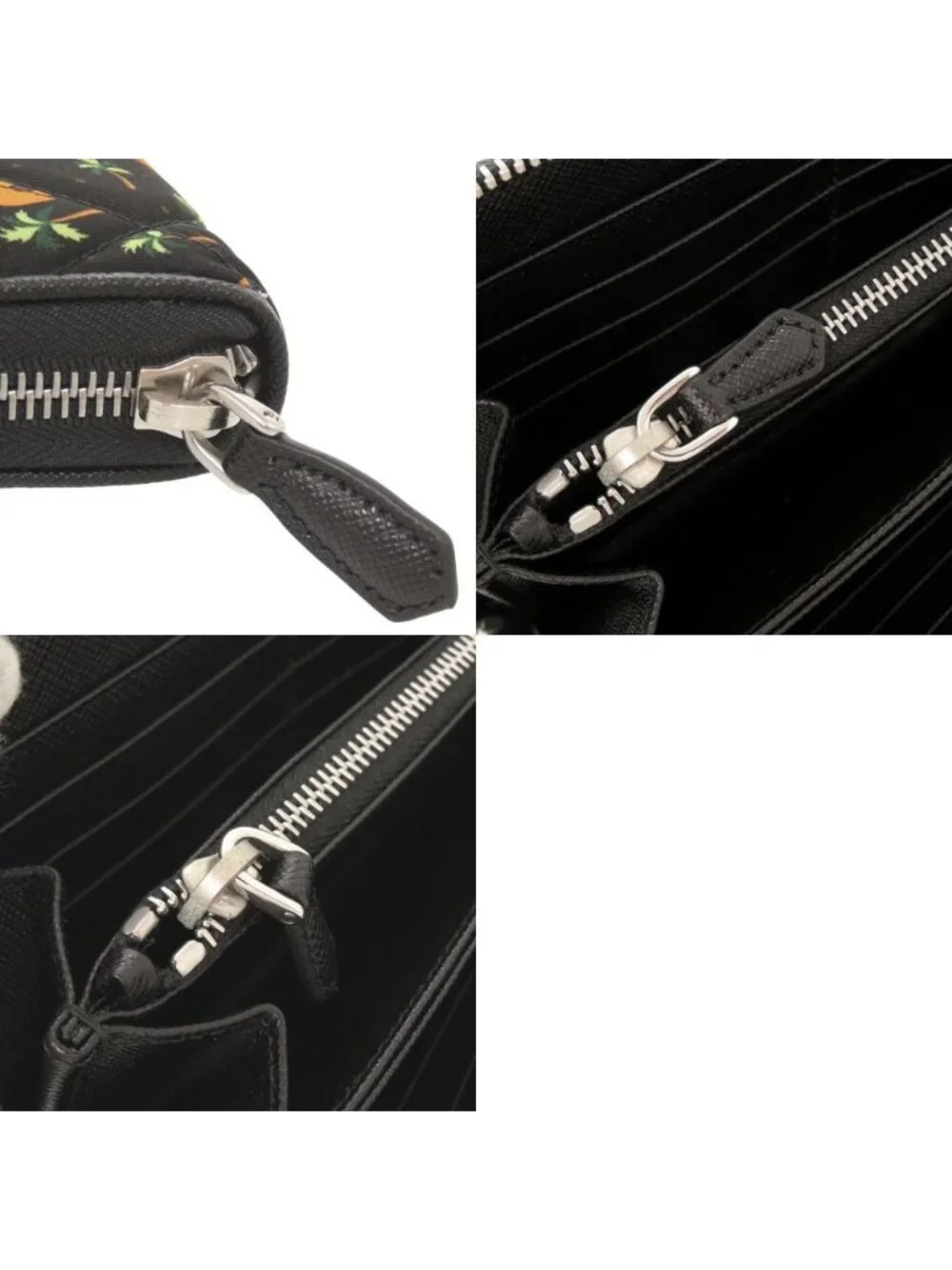 Prada Palm Tree House Nylon Saffiano Leather Black Multicolor Zip Around Wallet